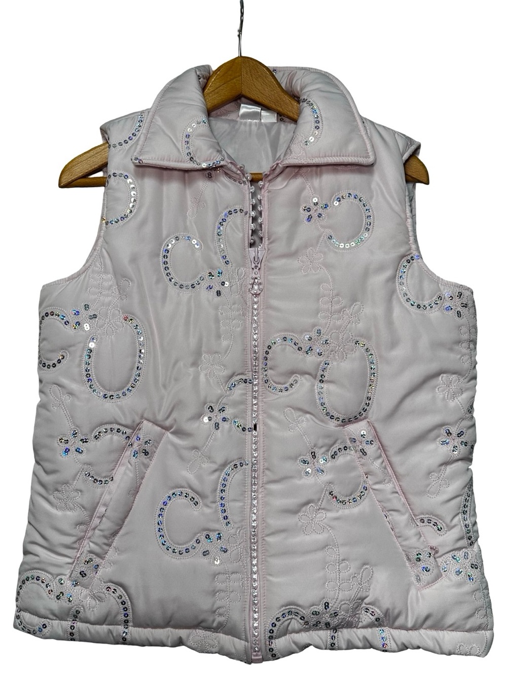 Cowgirl Up Light Pink Horseshoe Floral Sequin Puffer Vest Large Zip Up Western